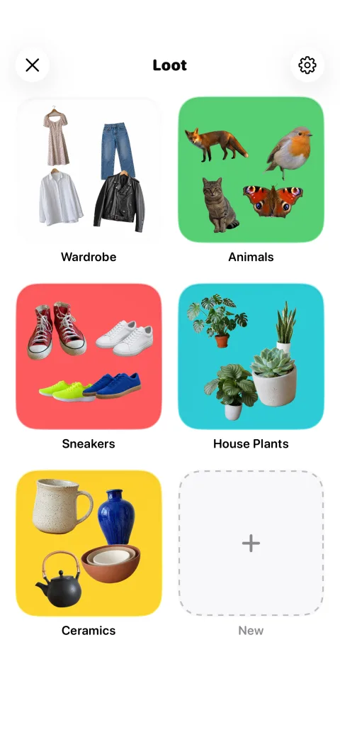 Loot collections grid — wardrobe, animals, sneakers, house plants, ceramics