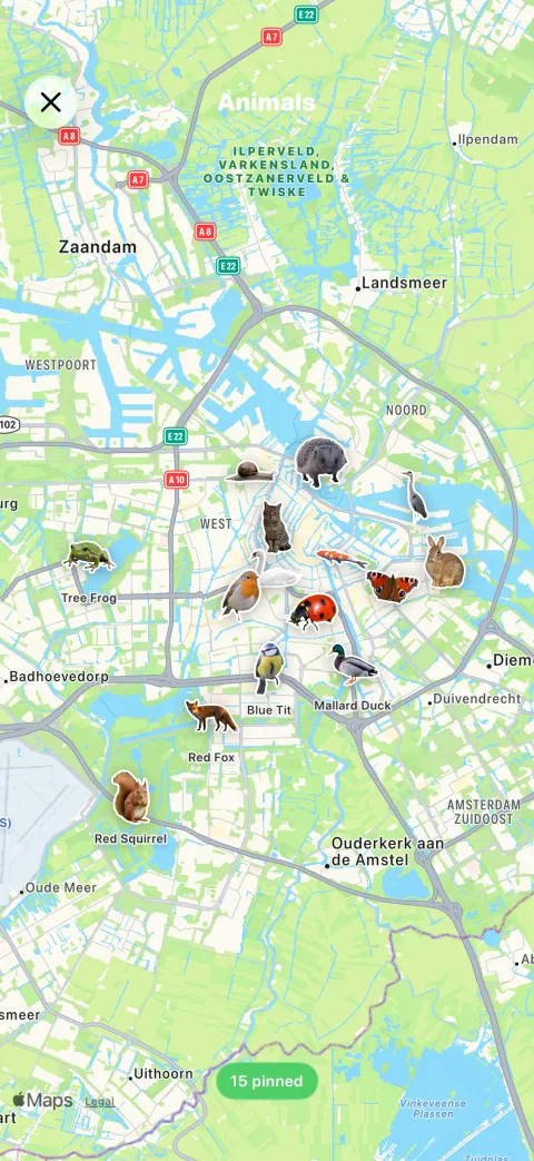 Loot map view with animal stickers pinned where they were found