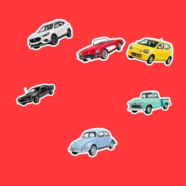 A classic cars collection poster — car stickers with white outlines on a red background