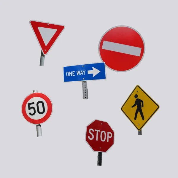 A traffic signs collection poster — real road-sign cutouts on a neutral background